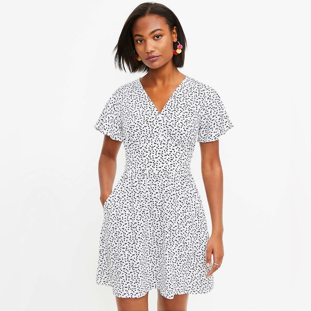 Loft Floral Flutter V-Neck Pocket Dress Black and White Print 6